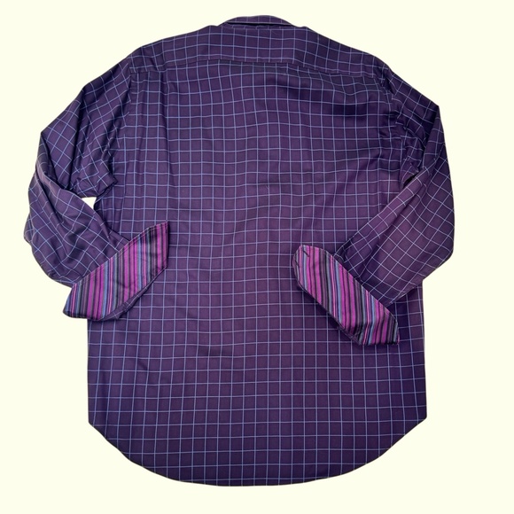 THOMAS DEAN PURPLE WITH BLUE SQUARE GRID LINES CHECKS FLIP CUFF SHIRT - Picture 3 of 7